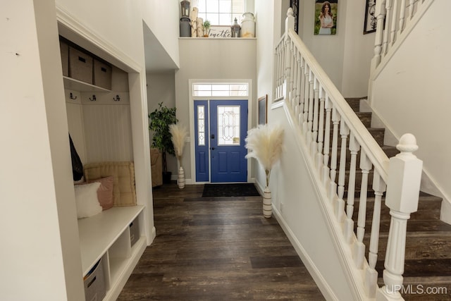 mudroom featuring a towering ceiling and dark hardwood / wood-style flooring