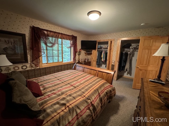 bedroom featuring carpet and two closets