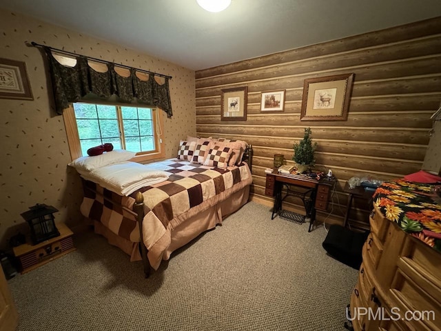 bedroom featuring log walls and carpet floors