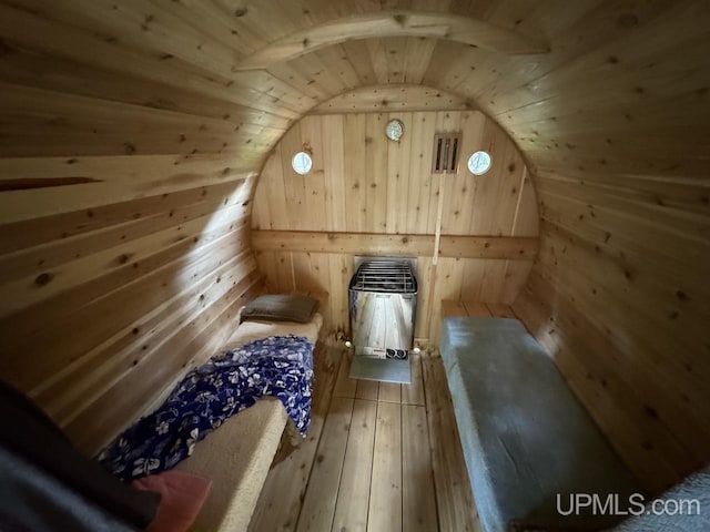 view of sauna featuring hardwood / wood-style flooring