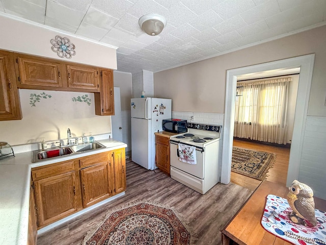 kitchen with sink, dark wood-type flooring, and white appliances