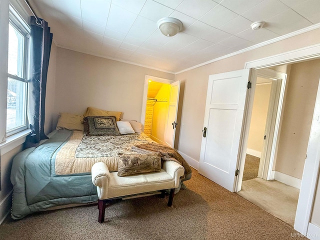 bedroom featuring crown molding and carpet flooring