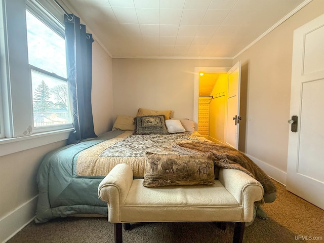 carpeted bedroom featuring ornamental molding