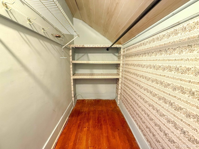 spacious closet featuring vaulted ceiling and dark hardwood / wood-style floors