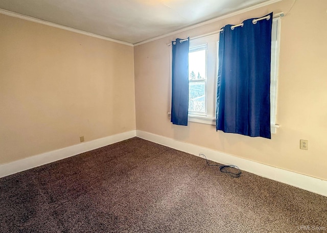 empty room featuring crown molding and carpet floors