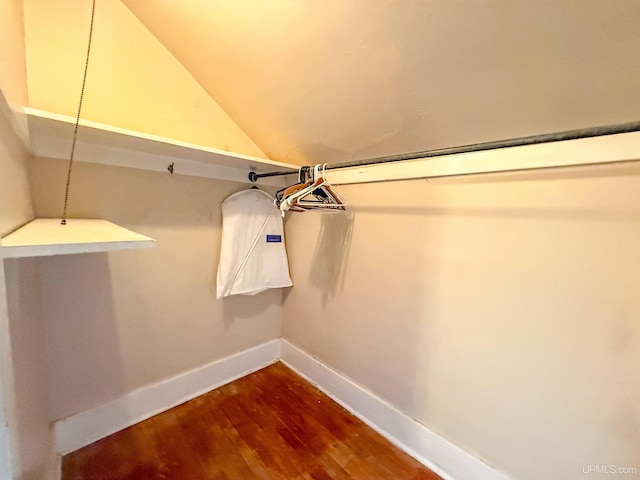 spacious closet with lofted ceiling and dark hardwood / wood-style floors