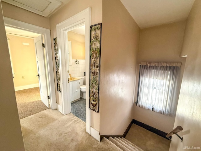 corridor featuring tile walls and light colored carpet