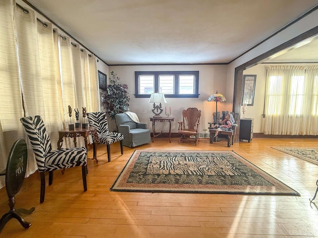 sitting room featuring crown molding and light hardwood / wood-style flooring