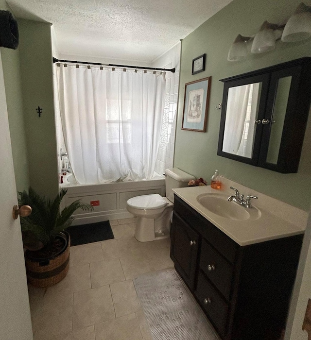 full bathroom with tile patterned floors, toilet, a textured ceiling, vanity, and shower / bath combo