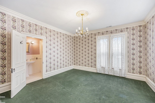 unfurnished room featuring dark colored carpet, a notable chandelier, and crown molding