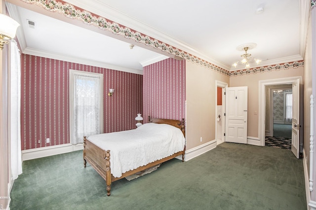 carpeted bedroom featuring an inviting chandelier and ornamental molding