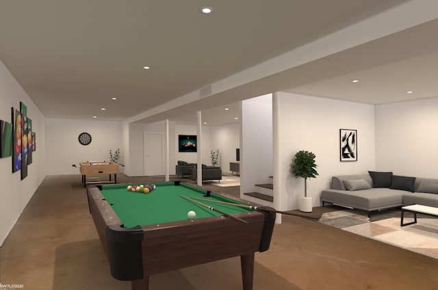 rec room with pool table and concrete flooring