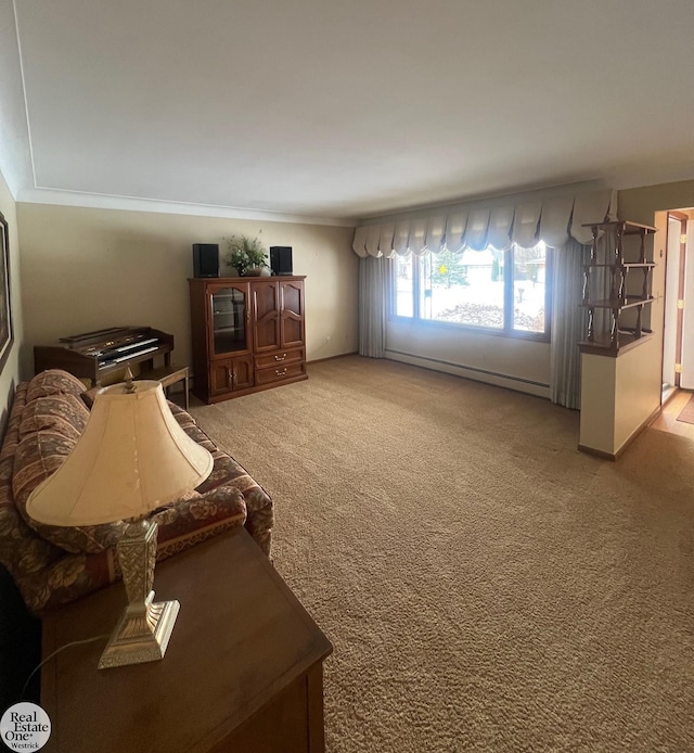 living area with a baseboard radiator, ornamental molding, and carpet floors