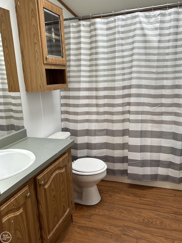 bathroom featuring vanity, wood-type flooring, and toilet