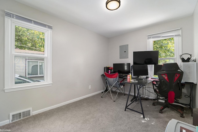 office area with carpet and electric panel