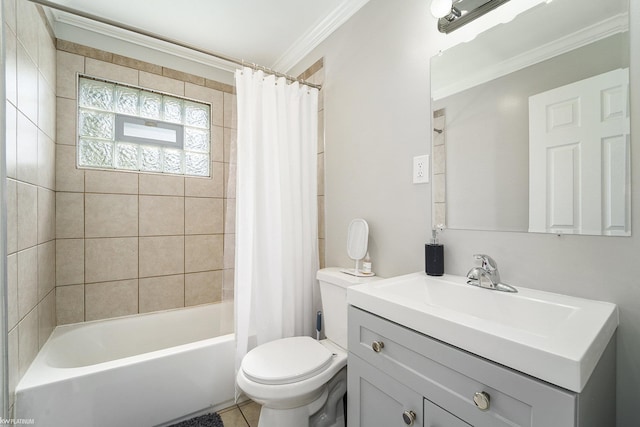 full bathroom with crown molding, shower / bathtub combination with curtain, vanity, and toilet