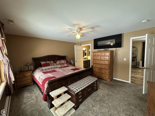 bedroom with dark colored carpet and ceiling fan