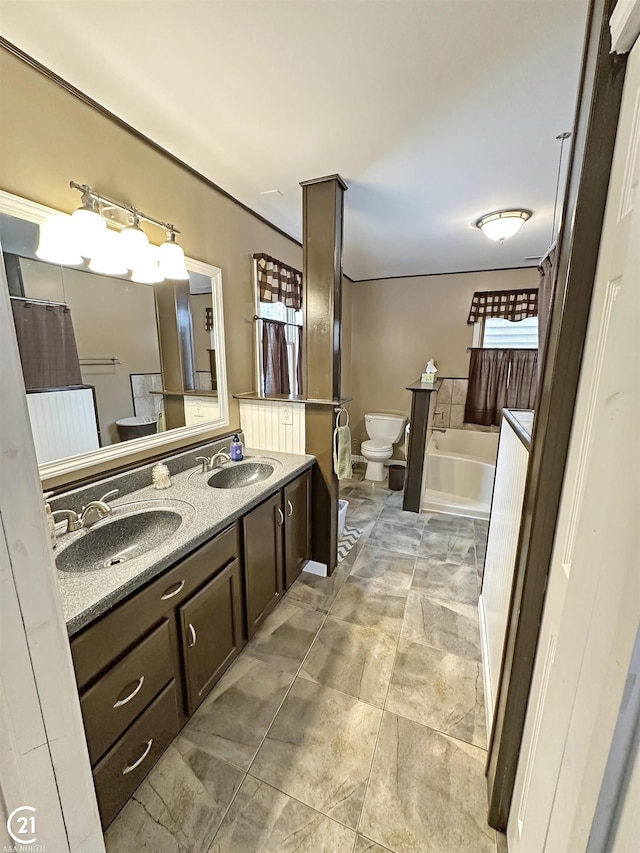 bathroom featuring vanity, a tub, and toilet