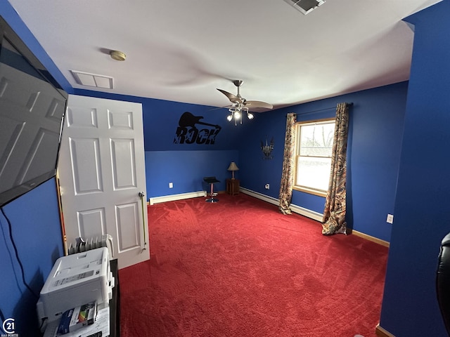 misc room featuring ceiling fan, lofted ceiling, carpet flooring, and a baseboard heating unit