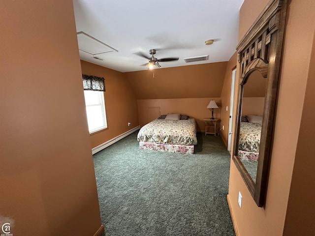 carpeted bedroom with ceiling fan, a baseboard radiator, and lofted ceiling