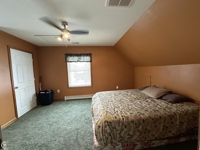 carpeted bedroom featuring ceiling fan, a baseboard radiator, and vaulted ceiling