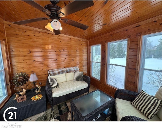 living room featuring wooden ceiling, a healthy amount of sunlight, and wood walls