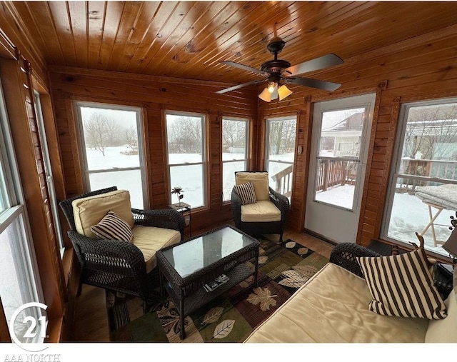 living room featuring wood ceiling, a healthy amount of sunlight, and wood walls