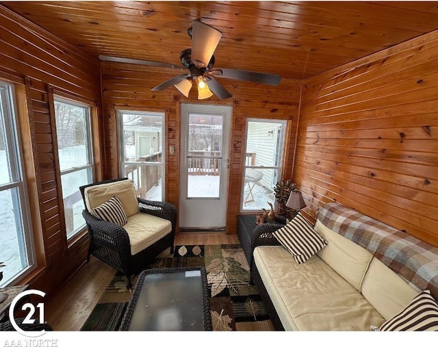 living room featuring wooden ceiling, dark hardwood / wood-style floors, and wood walls