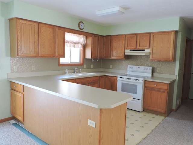 kitchen featuring decorative backsplash, sink, electric range, and kitchen peninsula