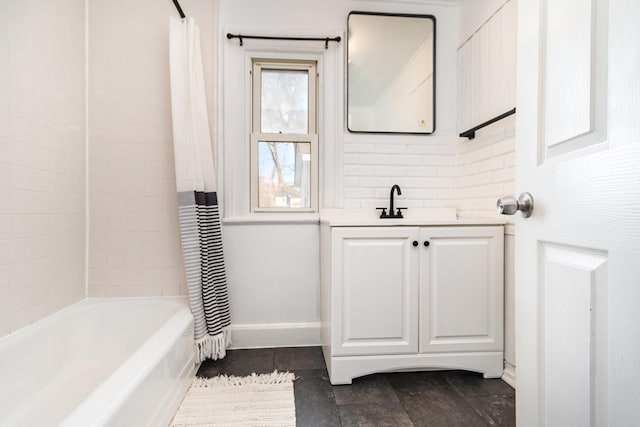 bathroom with vanity and shower / bathtub combination with curtain