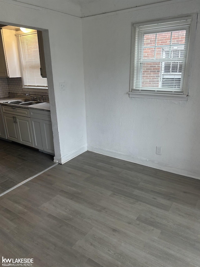 unfurnished dining area with sink and hardwood / wood-style flooring