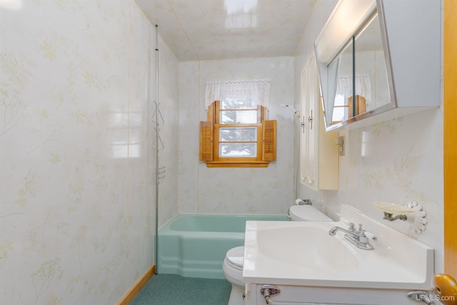 full bathroom with vanity, shower / tub combination, and toilet