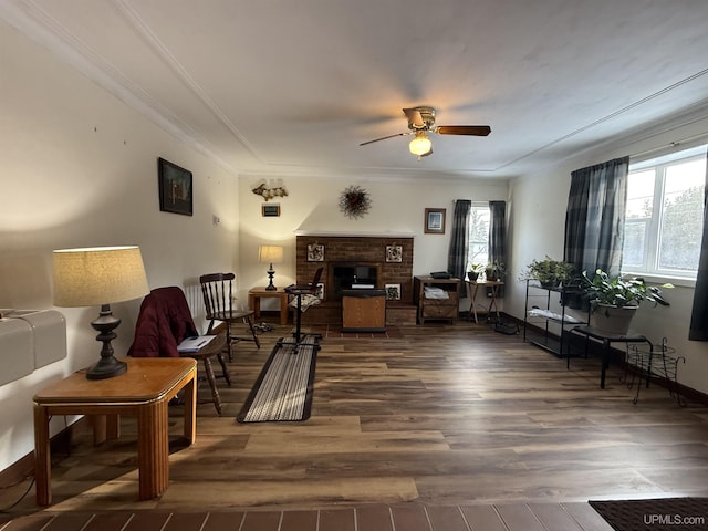 living room featuring dark wood-type flooring, plenty of natural light, a fireplace, and crown molding