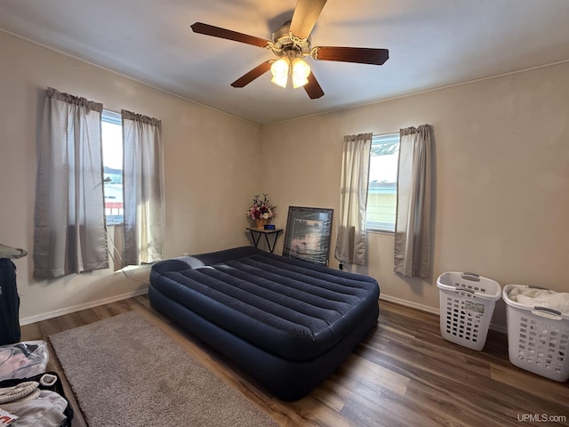 bedroom featuring ceiling fan, dark hardwood / wood-style floors, and multiple windows