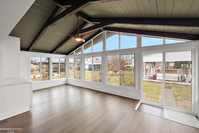 unfurnished sunroom with a healthy amount of sunlight, vaulted ceiling with beams, wood ceiling, and ceiling fan