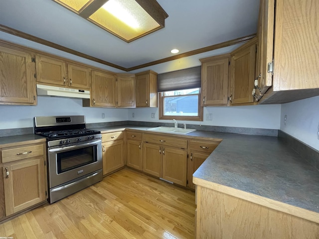 kitchen featuring crown molding, stainless steel range with gas cooktop, sink, and light wood-type flooring