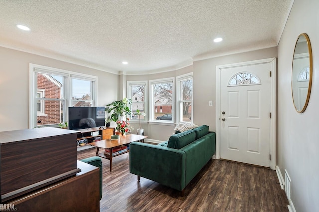 living room with dark hardwood / wood-style flooring, crown molding, and a textured ceiling