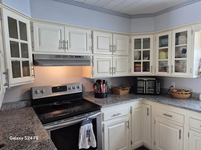 kitchen featuring crown molding, white cabinets, and stainless steel range with electric stovetop