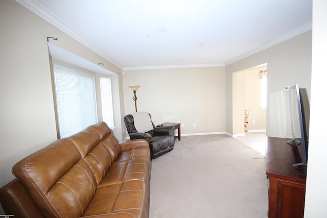 carpeted living room featuring crown molding