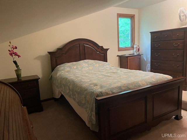 bedroom with lofted ceiling and dark carpet