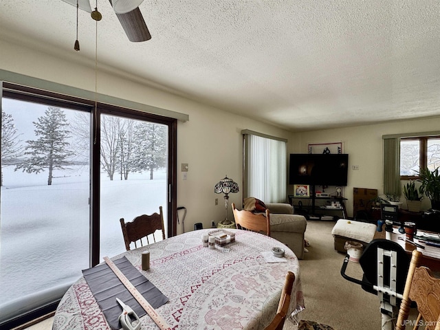 dining room featuring a ceiling fan, carpet flooring, and a textured ceiling