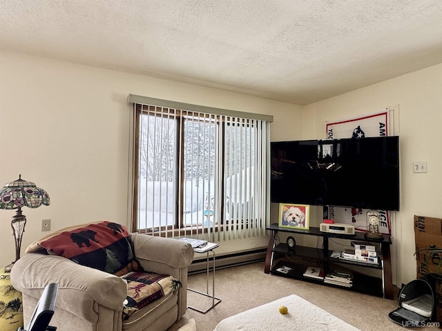 living room featuring carpet floors, a textured ceiling, and baseboard heating