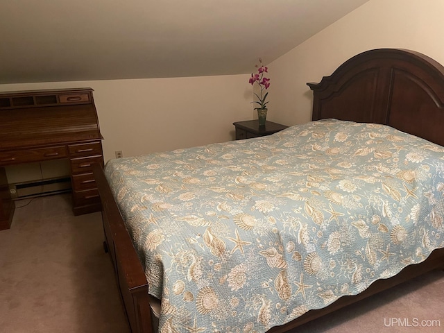 carpeted bedroom with a baseboard heating unit and lofted ceiling