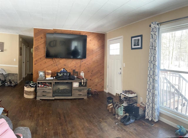 living room featuring dark hardwood / wood-style flooring, ornamental molding, and wood walls