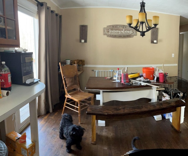 dining area featuring dark wood-type flooring, crown molding, and a chandelier