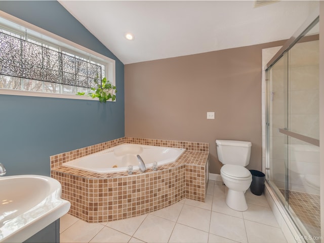 full bathroom with vaulted ceiling, a stall shower, tile patterned flooring, and toilet