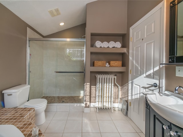 full bathroom featuring toilet, lofted ceiling, vanity, and a shower stall