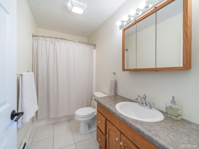 full bathroom featuring a baseboard radiator, vanity, toilet, and tile patterned floors