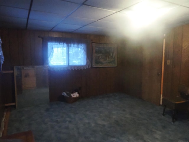 below grade area with carpet and a drop ceiling