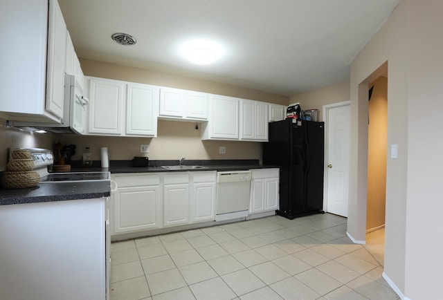 kitchen featuring dark countertops, visible vents, white cabinets, a sink, and white appliances